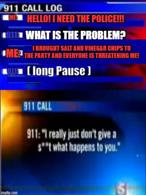 911 Call Log, Salt & Vinegar Chips | I BROUGHT SALT AND VINEGAR CHIPS TO THE PARTY AND EVERYONE IS THREATENING ME! | image tagged in potato chips,calling 911 | made w/ Imgflip meme maker
