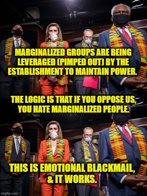 More Leftist Logic | MARGINALIZED GROUPS ARE BEING
LEVERAGED (PIMPED OUT) BY THE
ESTABLISHMENT TO MAINTAIN POWER. THE LOGIC IS THAT IF YOU OPPOSE US,
YOU HATE MARGINALIZED PEOPLE. THIS IS EMOTIONAL BLACKMAIL,
& IT WORKS. | image tagged in democrats | made w/ Imgflip meme maker