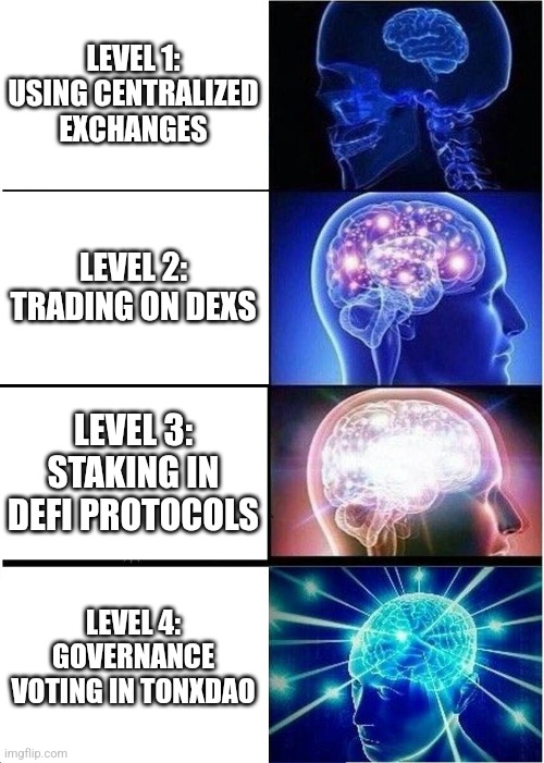 Toxdao | LEVEL 1: USING CENTRALIZED EXCHANGES; LEVEL 2: TRADING ON DEXS; LEVEL 3: STAKING IN DEFI PROTOCOLS; LEVEL 4: GOVERNANCE VOTING IN TONXDAO | image tagged in memes,expanding brain | made w/ Imgflip meme maker