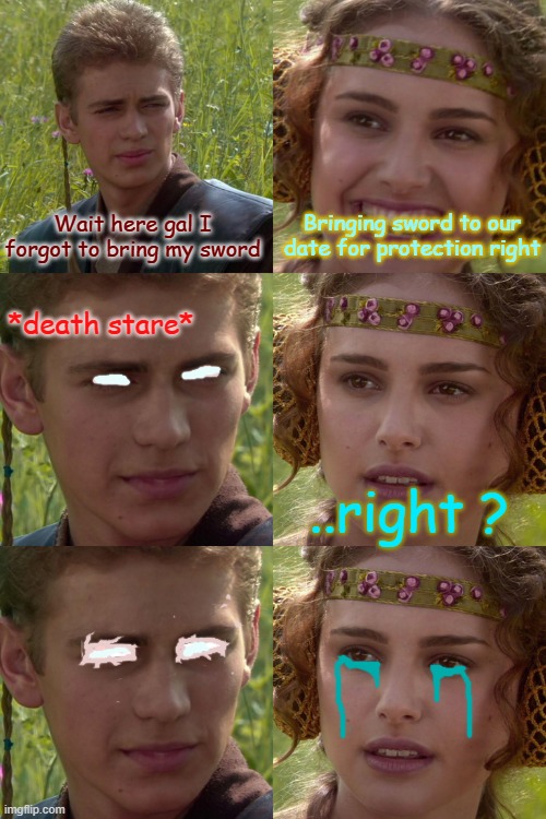 Kiss the sword | Wait here gal I forgot to bring my sword; Bringing sword to our date for protection right; *death stare*; ..right ? | image tagged in anakin padme 4 panel,date,jumpscare,it's too late | made w/ Imgflip meme maker