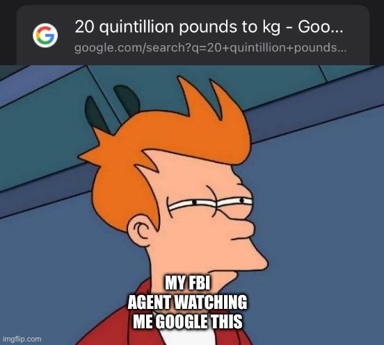 20 quintillion pounds to kg | MY FBI AGENT WATCHING ME GOOGLE THIS | image tagged in memes,futurama fry,google search,fbi agent,search history | made w/ Imgflip meme maker