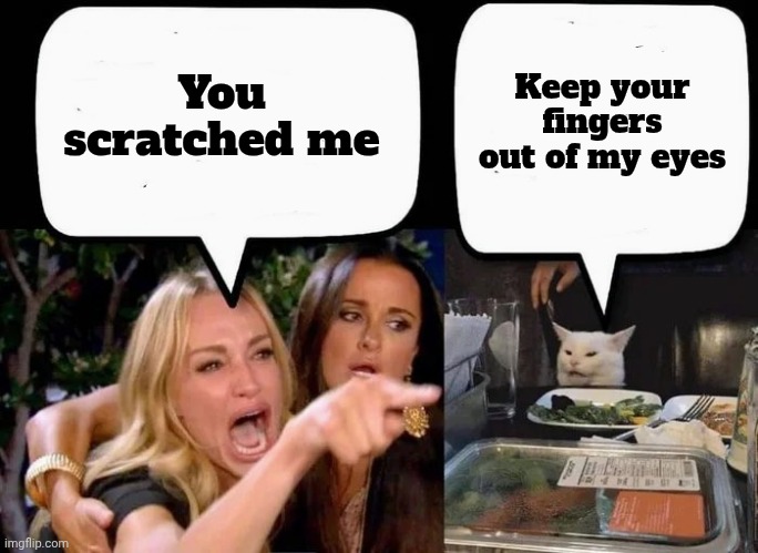 Don't eat the Cat | You scratched me Keep your fingers out of my eyes | image tagged in don't eat the cat | made w/ Imgflip meme maker