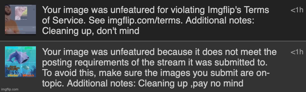 Last time I checked, "cleaning up" wasn't a valid reasoning for a disapproval | made w/ Imgflip meme maker