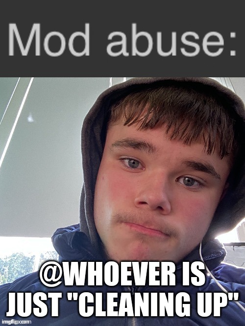 Mod abuse: | @WHOEVER IS JUST "CLEANING UP" | image tagged in mod abuse | made w/ Imgflip meme maker