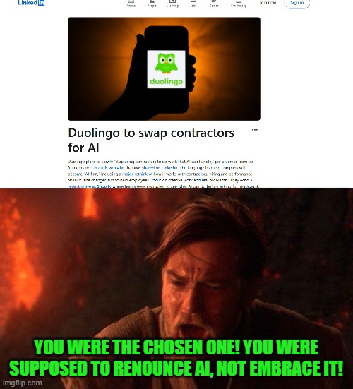 sad news right here rn | YOU WERE THE CHOSEN ONE! YOU WERE SUPPOSED TO RENOUNCE AI, NOT EMBRACE IT! | image tagged in memes,you were the chosen one star wars,duolingo,funny,tragic,star wars prequels | made w/ Imgflip meme maker
