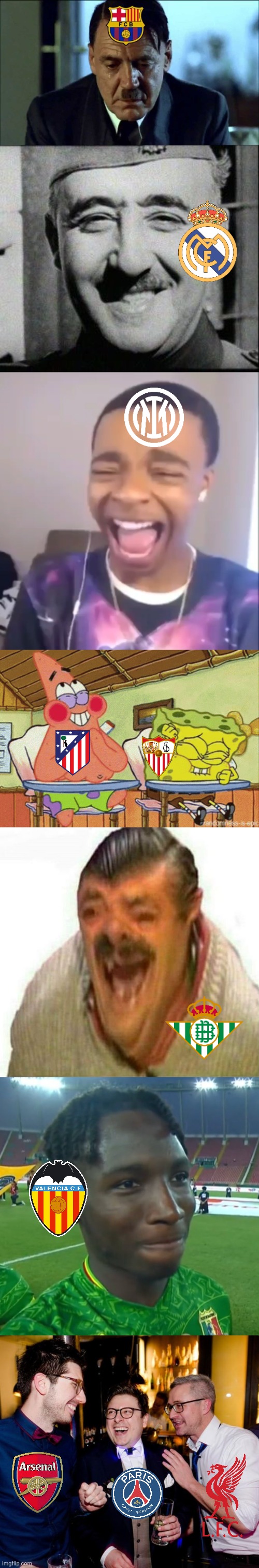 Inter Milan - Barca 4-3 (a.e.t) | image tagged in sad hitler,happy franco,flightreacts dolphin laugh,champions league,barcelona,sports | made w/ Imgflip meme maker