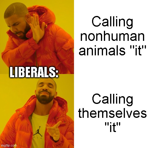 Drake Hotline Bling | Calling nonhuman animals "it"; LIBERALS:; Calling themselves "it" | image tagged in memes,drake hotline bling | made w/ Imgflip meme maker