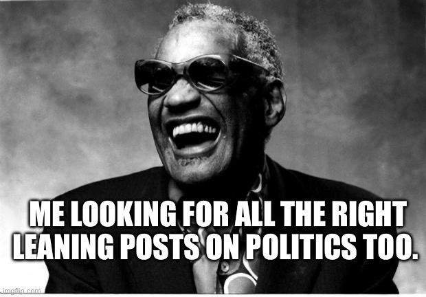 Ray Charles | ME LOOKING FOR ALL THE RIGHT LEANING POSTS ON POLITICS TOO. | image tagged in ray charles | made w/ Imgflip meme maker
