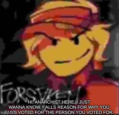 I don't really like posting in this stream but eh, I'm curious. | HI, ANARCHIST HERE. I JUST WANNA KNOW Y'ALLS REASON FOR WHY YOU GUYS VOTED FOR THE PERSON YOU VOTED FOR. | made w/ Imgflip meme maker