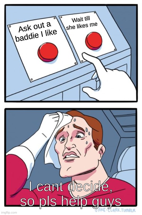 WHAT DO I DO | Wait till she likes me; Ask out a baddie I like; I cant decide, so pls help guys | image tagged in memes,two buttons | made w/ Imgflip meme maker