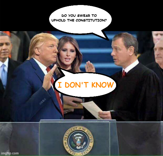 Trump Oath of Office Inauguration | DO YOU SWEAR TO UPHOLD THE CONSTITUTION? I DON'T KNOW | image tagged in trump oath of office inauguration | made w/ Imgflip meme maker