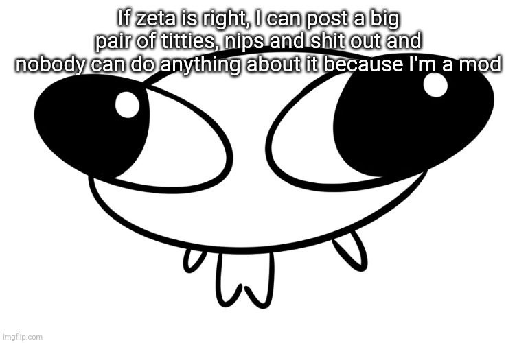 If zeta is right, I can post a big pair of titties, nips and shit out and nobody can do anything about it because I'm a mod | made w/ Imgflip meme maker
