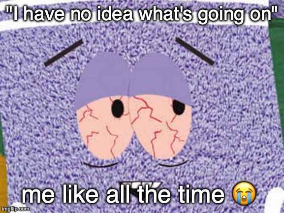 Le sob | "I have no idea what's going on"; me like all the time 😭 | image tagged in towellie,funny,true,sad but true | made w/ Imgflip meme maker