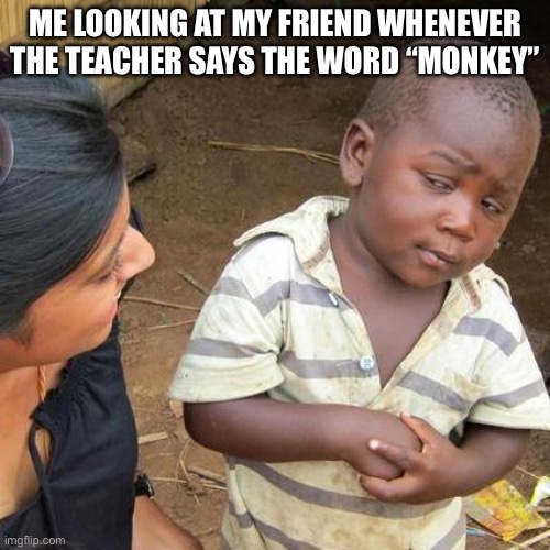 hi | ME LOOKING AT MY FRIEND WHENEVER THE TEACHER SAYS THE WORD “MONKEY” | image tagged in memes,third world skeptical kid | made w/ Imgflip meme maker