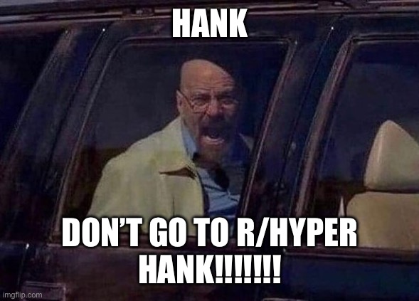 Walter White Screaming At Hank | HANK DON’T GO TO R/HYPER
HANK!!!!!!! | image tagged in walter white screaming at hank | made w/ Imgflip meme maker