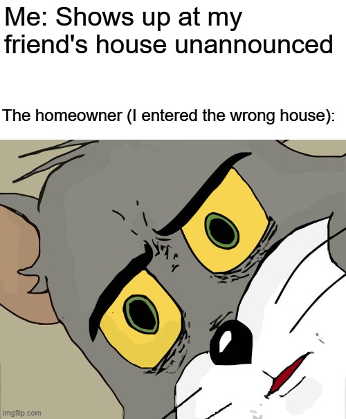 Oopsies | Me: Shows up at my friend's house unannounced; The homeowner (I entered the wrong house): | image tagged in memes,unsettled tom,unfunny,lame jokes | made w/ Imgflip meme maker