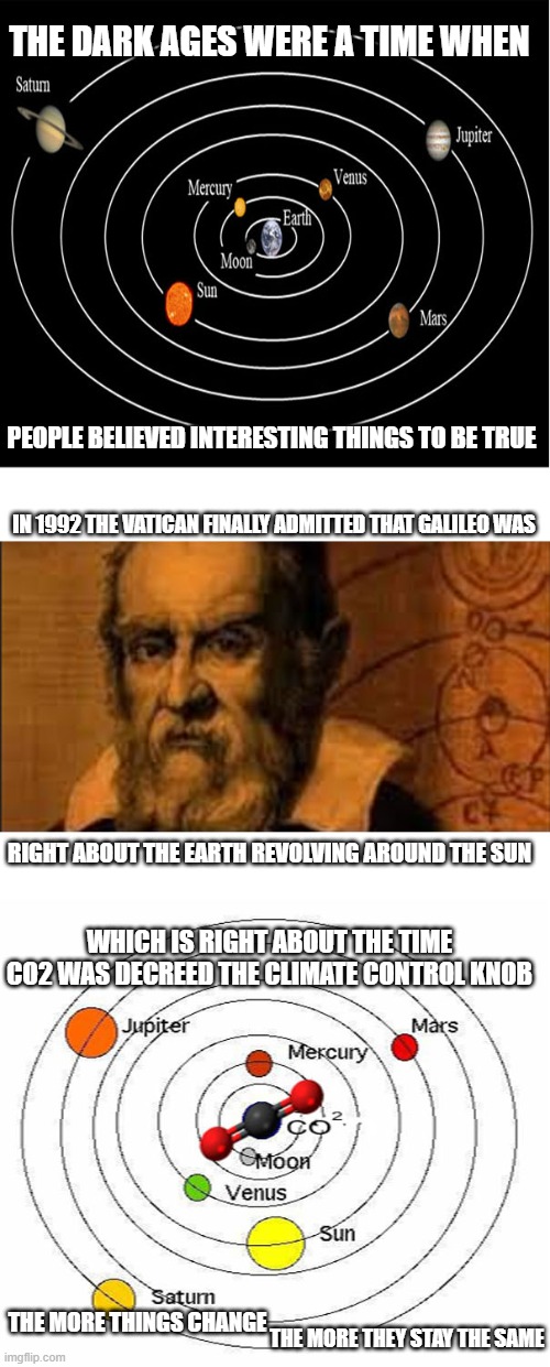 Solar Cycles: The More Things Change, The More They Stay The Same | THE DARK AGES WERE A TIME WHEN; PEOPLE BELIEVED INTERESTING THINGS TO BE TRUE; IN 1992 THE VATICAN FINALLY ADMITTED THAT GALILEO WAS; RIGHT ABOUT THE EARTH REVOLVING AROUND THE SUN; WHICH IS RIGHT ABOUT THE TIME CO2 WAS DECREED THE CLIMATE CONTROL KNOB; THE MORE THINGS CHANGE; THE MORE THEY STAY THE SAME | image tagged in geocentric,climate change,follow the science,solar cycles | made w/ Imgflip meme maker