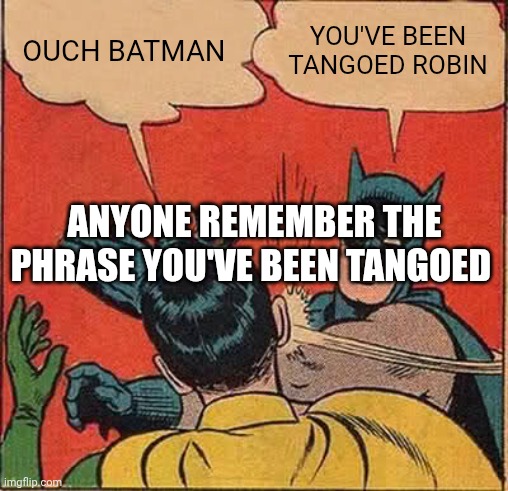 Batman Slapping Robin Meme | OUCH BATMAN YOU'VE BEEN TANGOED ROBIN ANYONE REMEMBER THE PHRASE YOU'VE BEEN TANGOED | image tagged in memes,batman slapping robin | made w/ Imgflip meme maker