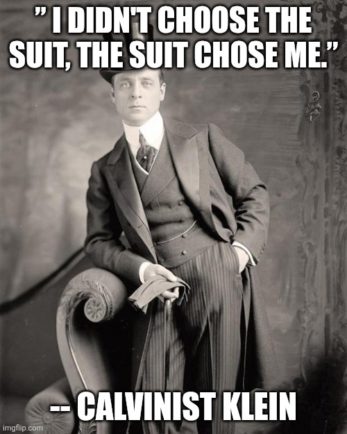 Well Dressed Man | ” I DIDN'T CHOOSE THE SUIT, THE SUIT CHOSE ME.”; -- CALVINIST KLEIN | image tagged in well dressed man | made w/ Imgflip meme maker