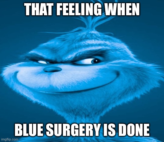 Blue Grinch | THAT FEELING WHEN BLUE SURGERY IS DONE | image tagged in blue grinch | made w/ Imgflip meme maker