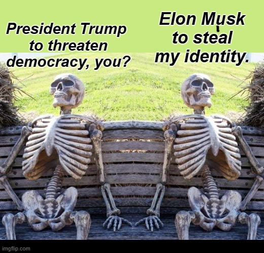 CLIMATE CHANGE IS COMING! (June 20th) | Elon Musk to steal my identity. President Trump 
to threaten democracy, you? | image tagged in skeletons | made w/ Imgflip meme maker