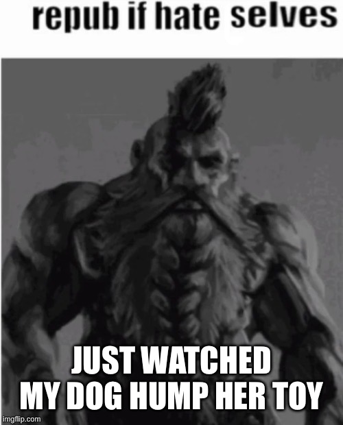 She still doing it | JUST WATCHED MY DOG HUMP HER TOY | image tagged in repost if hate selves dwarf version | made w/ Imgflip meme maker