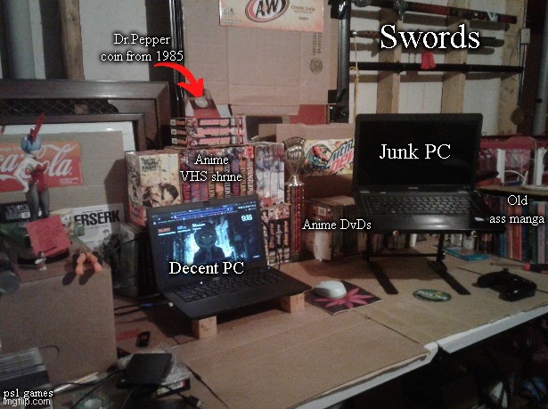 Rate my setup. (Textless image in the comments) | Swords; Dr.Pepper coin from 1985; Anime VHS shrine; Junk PC; Old ass manga; Anime DvDs; Decent PC; ps1 games | made w/ Imgflip meme maker