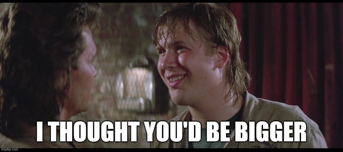 I thought you'd be taller Jeff Healey | I THOUGHT YOU'D BE BIGGER | image tagged in roadhouse,dalton,jeff healey,healey,taller | made w/ Imgflip meme maker