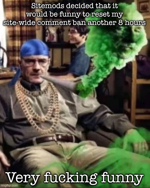 Waltuh | Sitemods decided that it would be funny to reset my site-wide comment ban another 8 hours; Very fucking funny | image tagged in waltuh,msmg | made w/ Imgflip meme maker