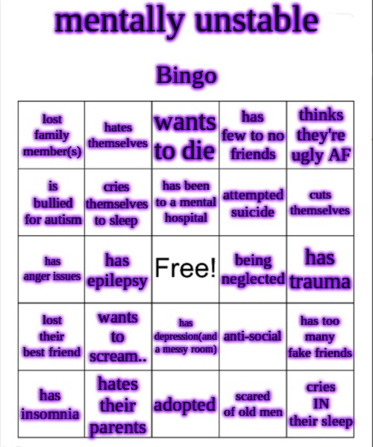 High Quality Mentally unstable bingo Blank Meme Template