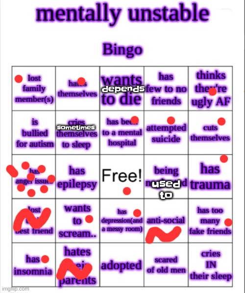I just do every bingo I see dw i'm not incredibly sad rn | sometimes; depends; used to | image tagged in mentally unstable bingo | made w/ Imgflip meme maker