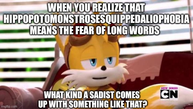 This is Ironic | WHEN YOU REALIZE THAT HIPPOPOTOMONSTROSESQUIPPEDALIOPHOBIA; MEANS THE FEAR OF LONG WORDS; WHAT KIND A SADIST COMES 
UP WITH SOMETHING LIKE THAT? | image tagged in scumbag tails,memes,funny,relatable,sonic the hedgehog,funny memes | made w/ Imgflip meme maker