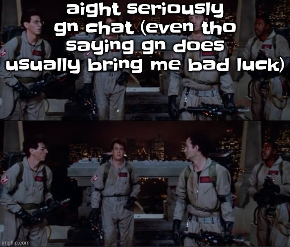 gn | aight seriously gn chat (even tho saying gn does usually bring me bad luck) | image tagged in bro | made w/ Imgflip meme maker