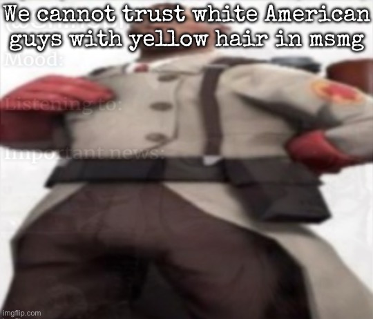 We cannot trust white American guys with yellow hair in msmg | image tagged in msmg | made w/ Imgflip meme maker