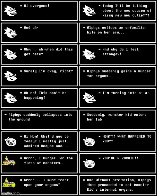 Here's my origin story! + sprites I made ! (Yes, I do think Alphys is Monster Kid's mom) | image tagged in textbox stuff | made w/ Imgflip meme maker