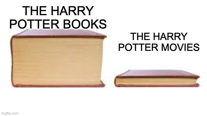 They cut so much out of the movies... | THE HARRY POTTER MOVIES; THE HARRY POTTER BOOKS | image tagged in big book small book | made w/ Imgflip meme maker
