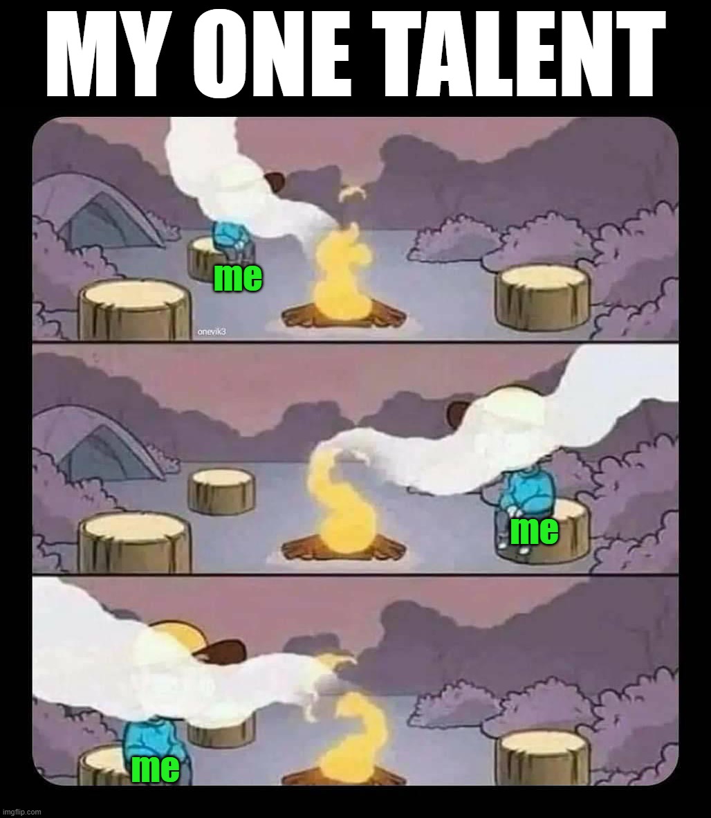 I have this going for me | MY ONE TALENT; me; me; me | image tagged in smoke always follows you | made w/ Imgflip meme maker