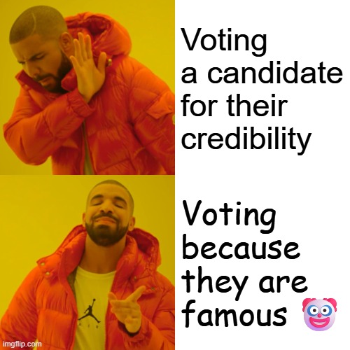 Philippine Elections be like: | Voting a candidate for their credibility; Voting 
because 
they are 
famous 🤡 | image tagged in memes,drake hotline bling | made w/ Imgflip meme maker