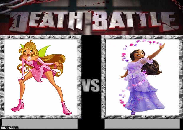 Death Battle Flora VS Isabela | image tagged in death battle template,winx club,encanto,isabela madrigal,flora,encanto meme | made w/ Imgflip meme maker