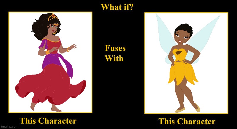 Esmeralda Fuses With Iridessa The Fairy | image tagged in blank fusion meme,esmeralda,the hunchback of notre dame,disney fairies,iridessa,darker skin | made w/ Imgflip meme maker