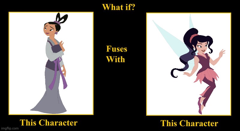 Princess Ting Ting Fuses With Vidia The Fairy | image tagged in blank fusion meme,vidia,mulan,princess ting ting,disney,purple | made w/ Imgflip meme maker