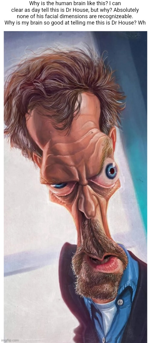 Why is the human brain like this? I can clear as day tell this is Dr House, but why? Absolutely none of his facial dimensions are recognizeable. Why is my brain so good at telling me this is Dr House? Wh | made w/ Imgflip meme maker