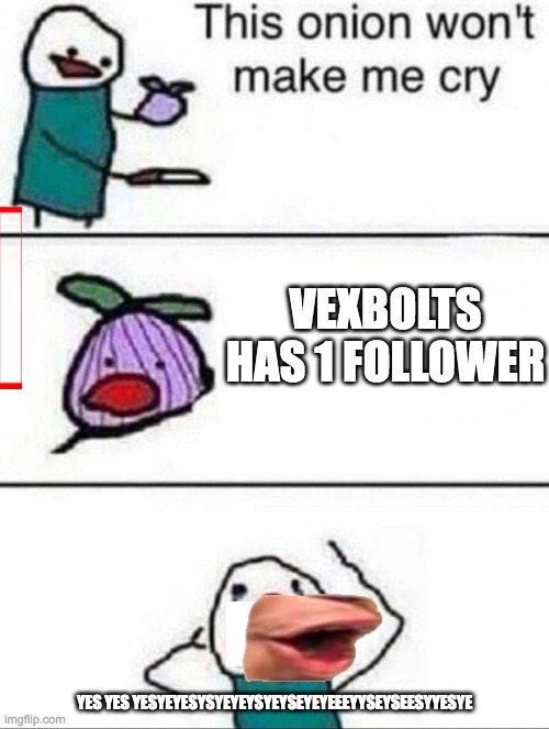 This onion wont make me cry | VEXBOLTS HAS 1 FOLLOWER; YES YES YESYEYESYSYEYEYSYEYSEYEYEEEYYSEYSEESYYESYE | image tagged in this onion wont make me cry | made w/ Imgflip meme maker
