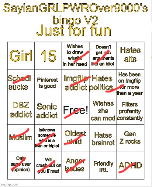 SayianGRLPWROver9000’s bingo V2 | image tagged in sayiangrlpwrover9000 s bingo v2 | made w/ Imgflip meme maker