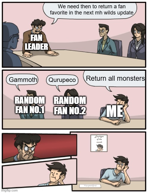 Boardroom Meeting Unexpected Ending | We need then to return a fan favorite in the next mh wilds update; FAN LEADER; Return all monsters; Gammoth; Qurupeco; RANDOM FAN NO.1; RANDOM FAN NO.2; ME | image tagged in boardroom meeting unexpected ending,monster hunter | made w/ Imgflip meme maker