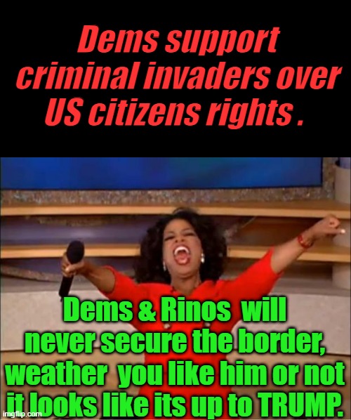 You have been watching your country being turned into a 3rd world country, how you likeing it . Be honest now. | Dems support criminal invaders over US citizens rights . Dems & Rinos  will never secure the border, weather  you like him or not it looks like its up to TRUMP. | image tagged in memes,oprah you get a | made w/ Imgflip meme maker