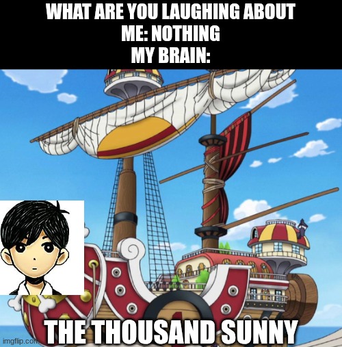 the thousand ¨sunny¨ (GET IT!?AHAHAHAHAHAHAHA) | WHAT ARE YOU LAUGHING ABOUT
ME: NOTHING
MY BRAIN:; THE THOUSAND SUNNY | image tagged in memes,one piece,omori,puns | made w/ Imgflip meme maker