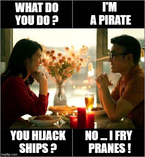 Is This A Racist First Date ? | I'M
 A PIRATE; WHAT DO YOU DO ? NO ... I FRY
 PRANES ! YOU HIJACK
SHIPS ? | image tagged in first date,racist,pirate,pilot,dark humour | made w/ Imgflip meme maker