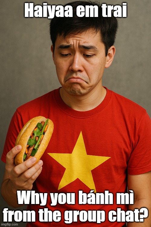 Banh-ed from the Group Chat | Haiyaa em trai; Why you bánh mì from the group chat? | image tagged in vietnam,food,internet,puns,group chats | made w/ Imgflip meme maker