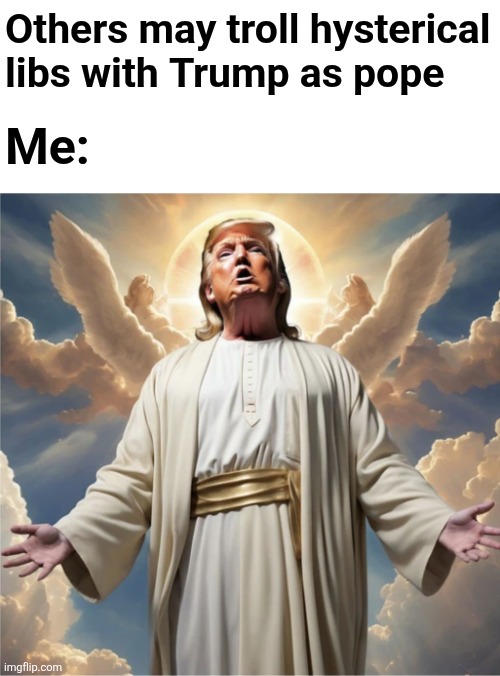 Troll 'em, troll 'em, troll 'em... | Others may troll hysterical libs with Trump as pope; Me: | image tagged in memes,donald trump,jesus,god,democrats,trump derangement syndrome | made w/ Imgflip meme maker